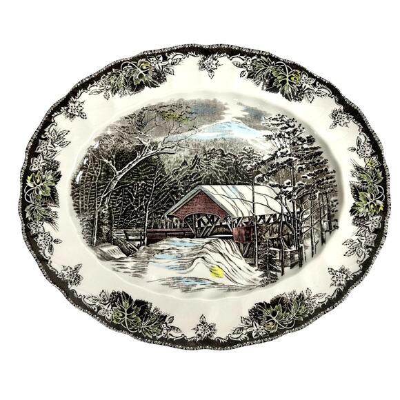 Johnson Bros Friendly Village Covered Bridge 15.25" Oval Serving Platter-Nice! - Picture 1 of 8